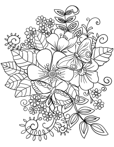 Butterflies on flowers coloring page free printable coloring pages