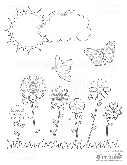Spring flowers butterflies printable coloring page