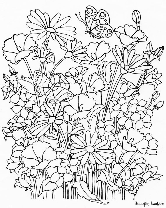 Printable coloring page flowers butterflies instant download