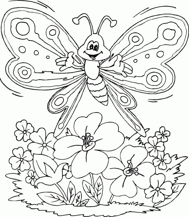 Butterfly over flowers coloring page