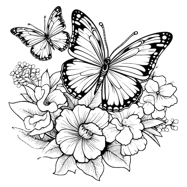Premium vector butterflies with flowers coloring page drawing for kids