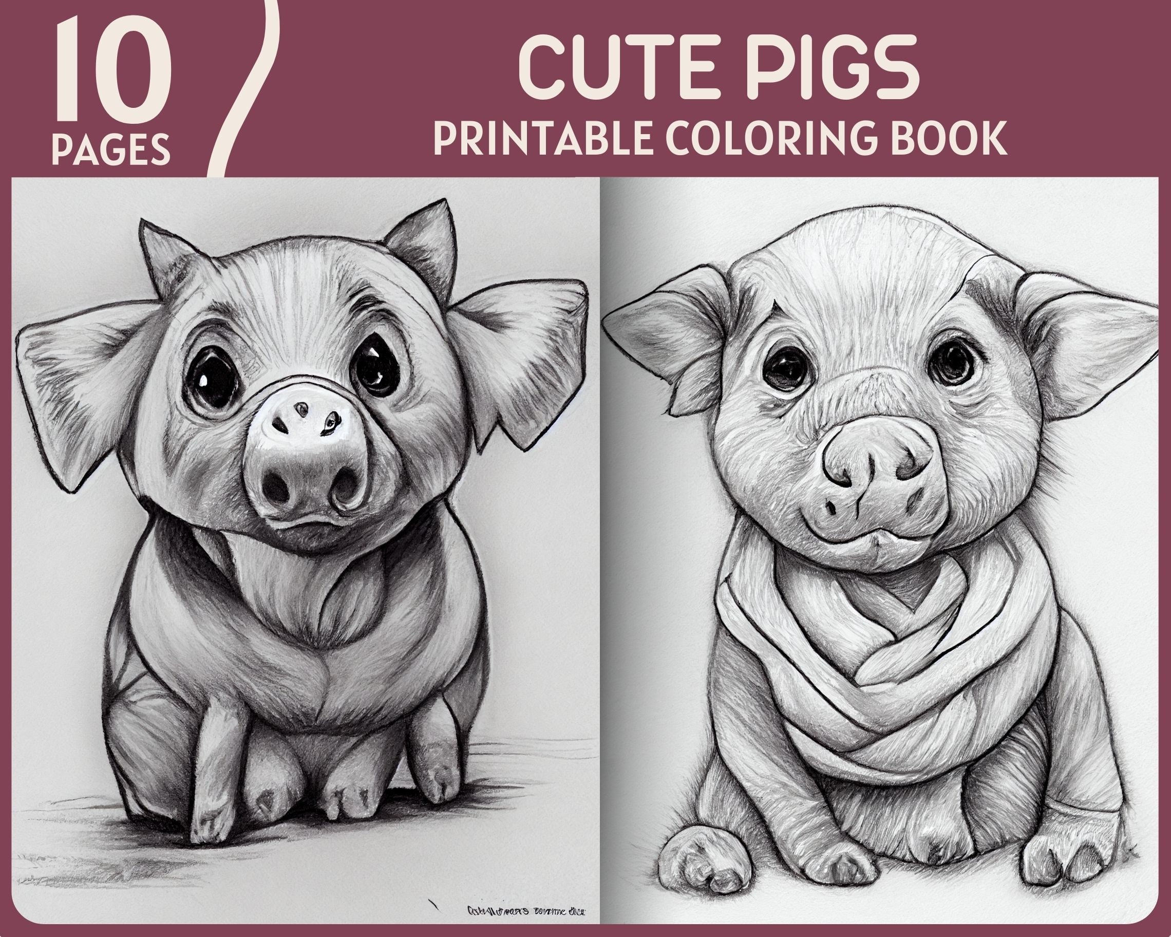 Cute pigs coloring pages realistic pig illustrations printable coloring book pig animal drawings instant download
