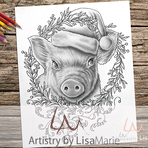 Pig with christmas holiday wreath printable coloring page â artistry by lisa marie