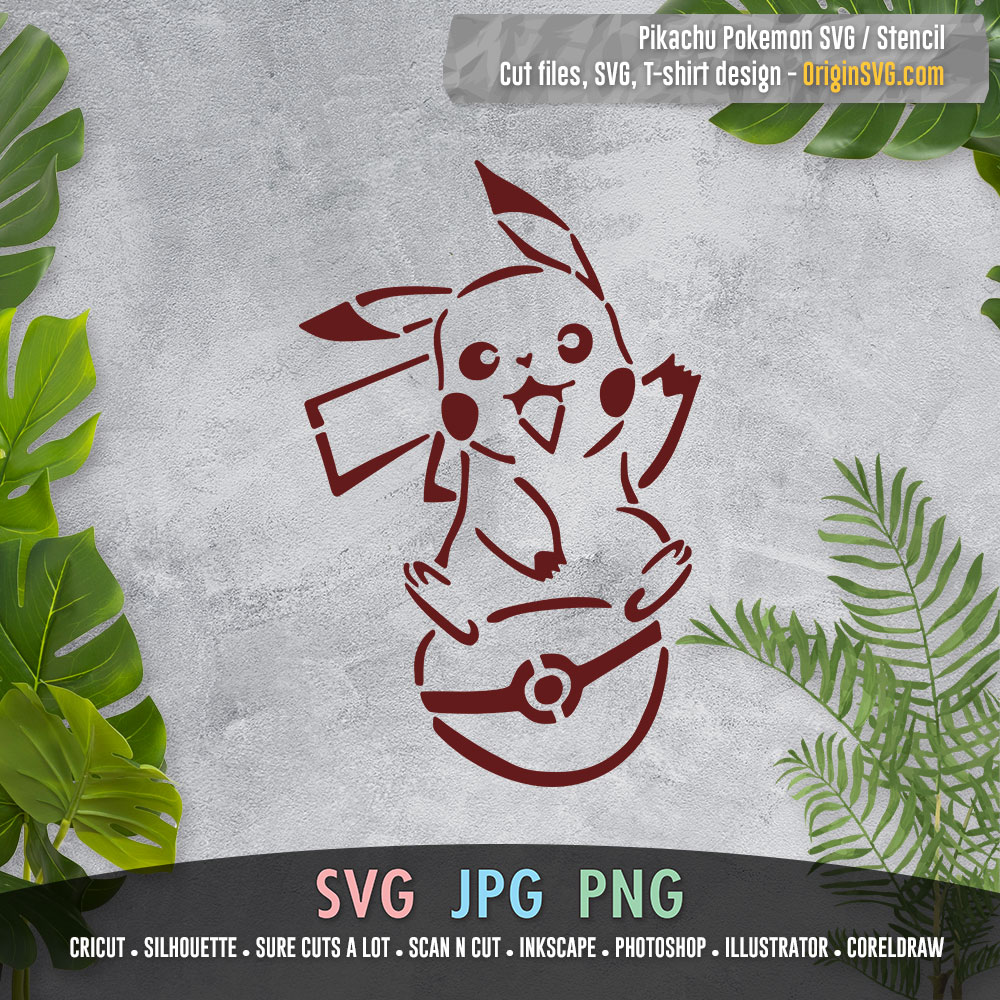 Pikachu sitting on pokeball pokemon stencil design svg