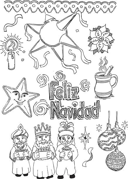 Hand drawn picture of mexican christmas items in spanish stock illustration