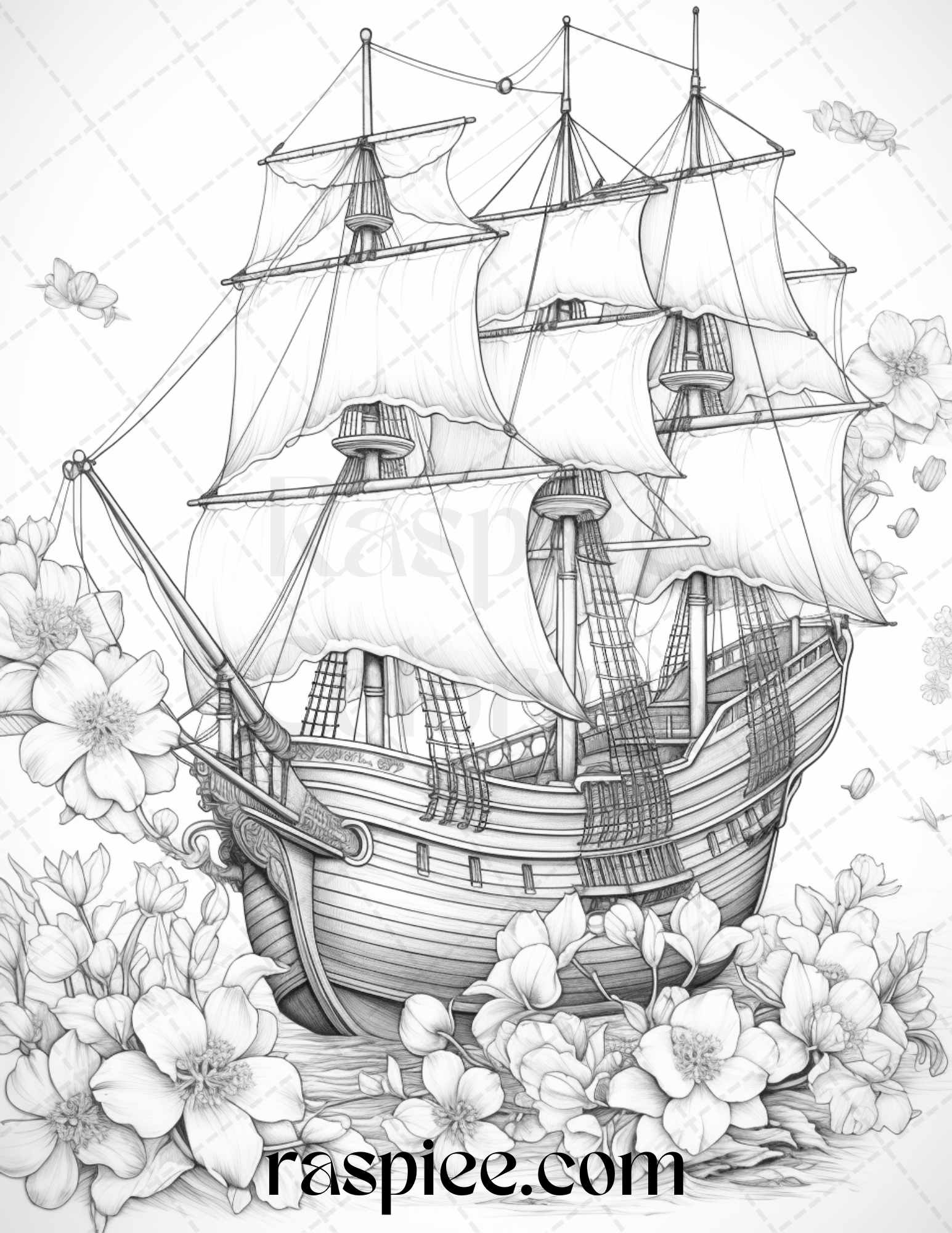 Flower ships graysale coloring pages printable for adults pdf file â coloring