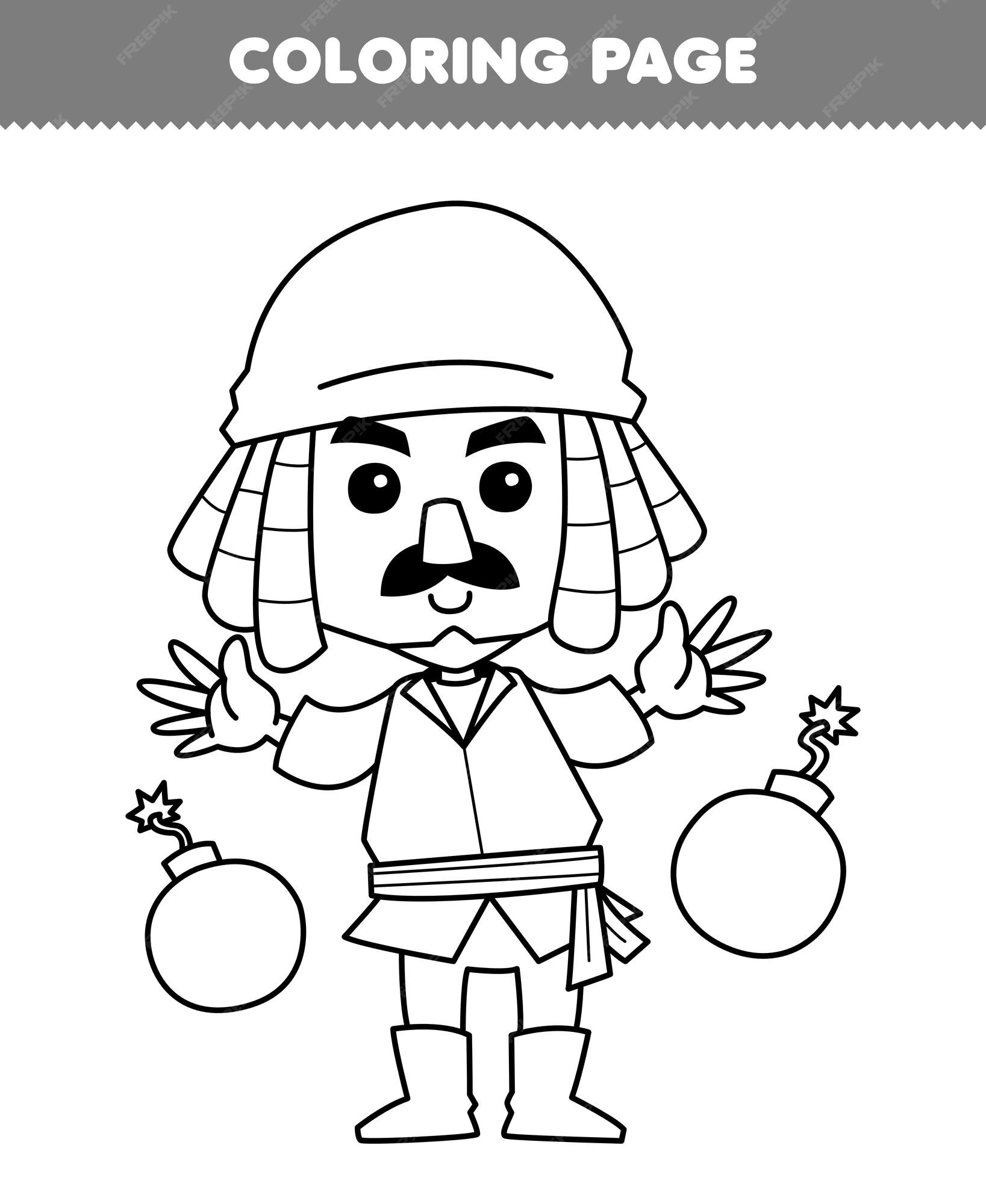 Premium vector education game for children coloring page of cute cartoon man and bomb line art printable pirate worksheet