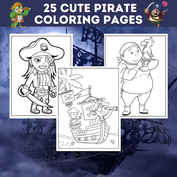 Cute pirate coloring pages pirate printable pirates ship parrots gold coloring page kids pirate party activity instant download