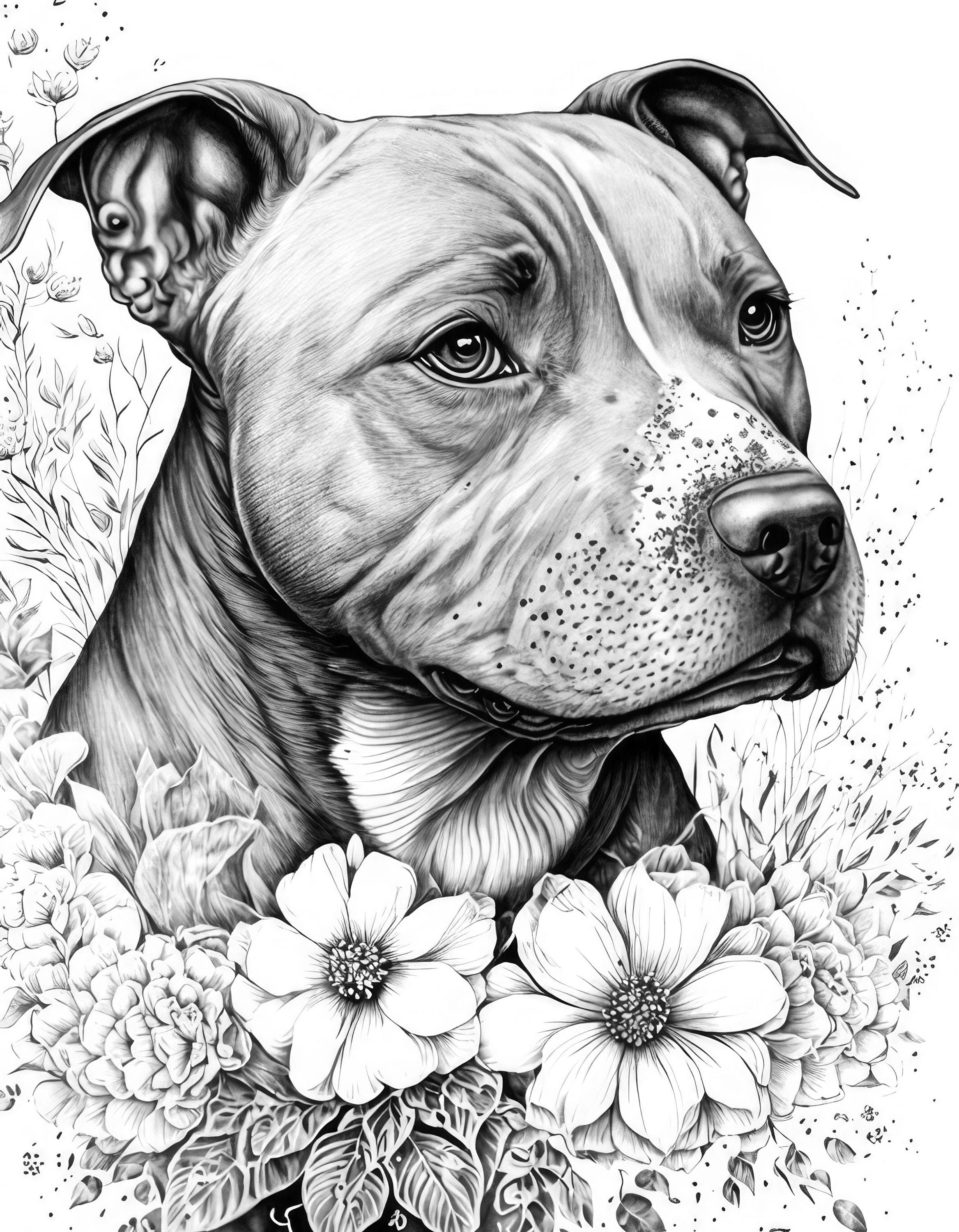 Pit bull terrier adult coloring sheet ai generated coloring page of a staffordshire terrier with flowers instant download download now