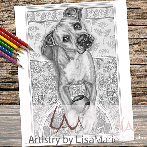 Dog with ball on chrysanthemums printable coloring book page â artistry by lisa marie