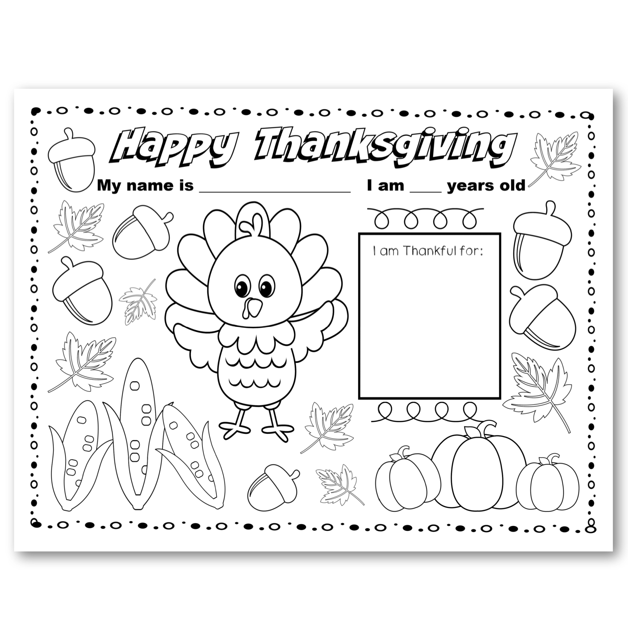 Thanksgiving coloring placemats for kids â at home with zan printables