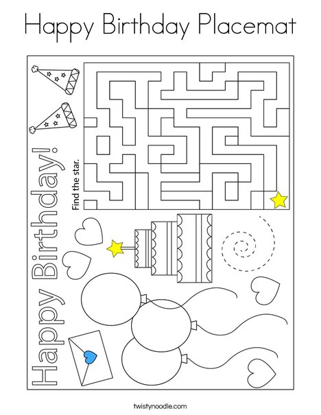 Happy birthday placemat coloring page