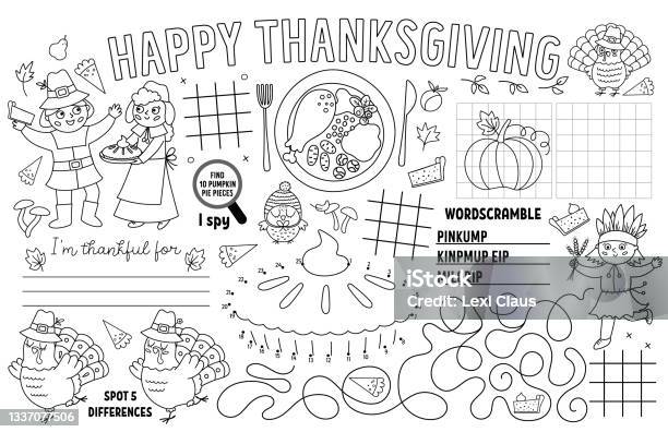 Vector thanksgiving placemat for kids fall holiday printable activity mat with maze tic tac toe charts