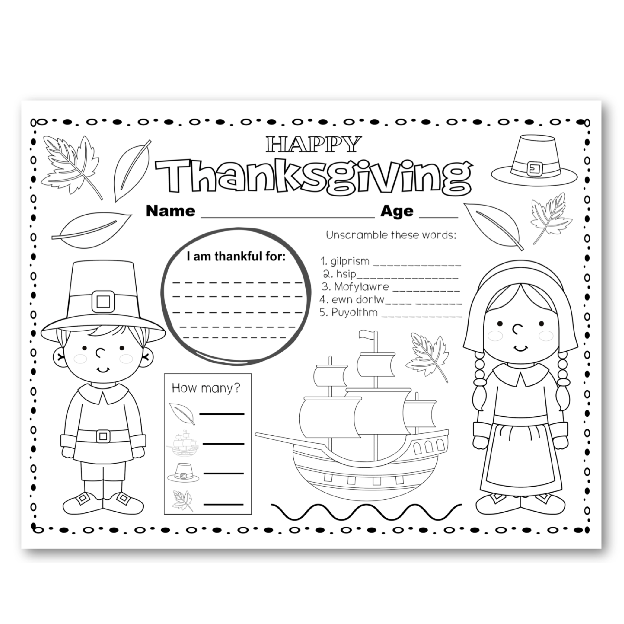 Thanksgiving coloring placemats for kids â at home with zan printables