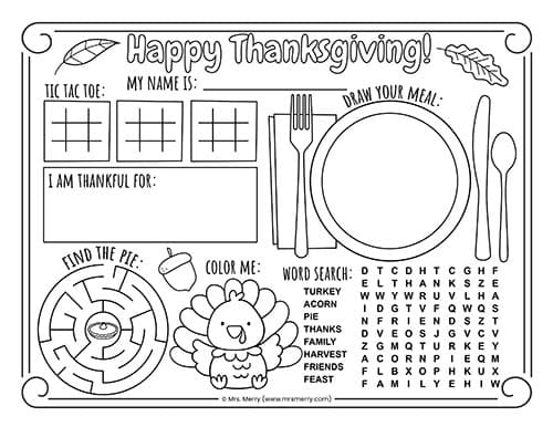 Printable thanksgiving placemats to color mrs merry