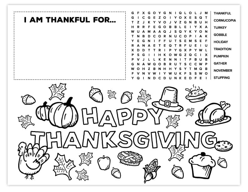 Free printable thanksgiving placemat for kids