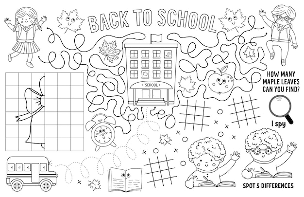 Premium vector vector back to school placemat for kids fall printable activity mat with maze coloring page