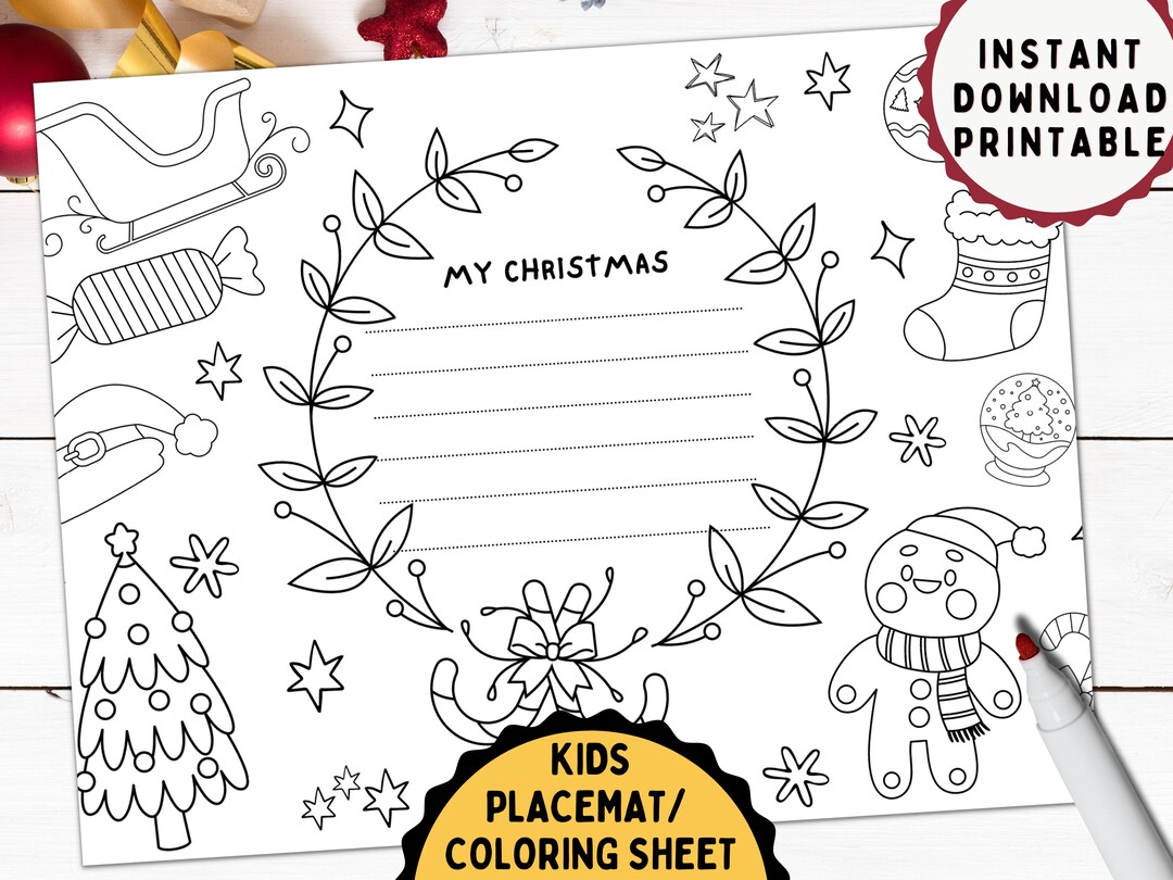 Kids christmas activity placemat printable christmas coloring page stocking stuffer instant download