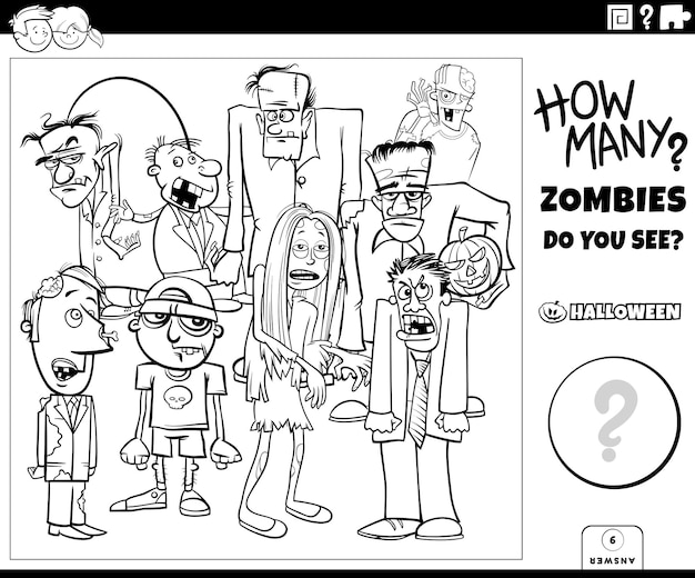 Premium vector counting game with cartoon zombies characters coloring book page