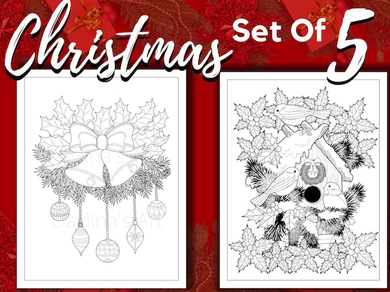 Set of christmas coloring pages for adults and teens poinsettia wreaths cardinals robins and christmas basket free pages included download now