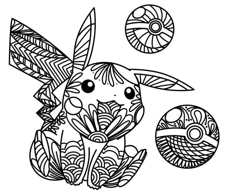 Pikachu with balls mandala coloring page