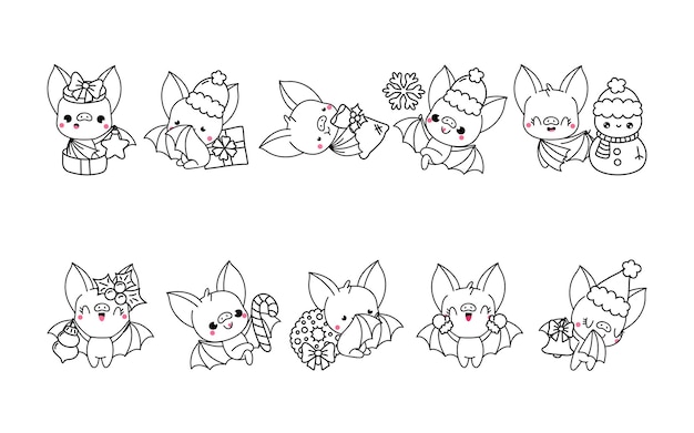 Premium vector set of kawaii christmas bat coloring page collection of cute vector christmas animals outline