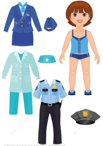 Flight attendant doctor and police officer clothings for a girl paper doll free printable papercraft templates
