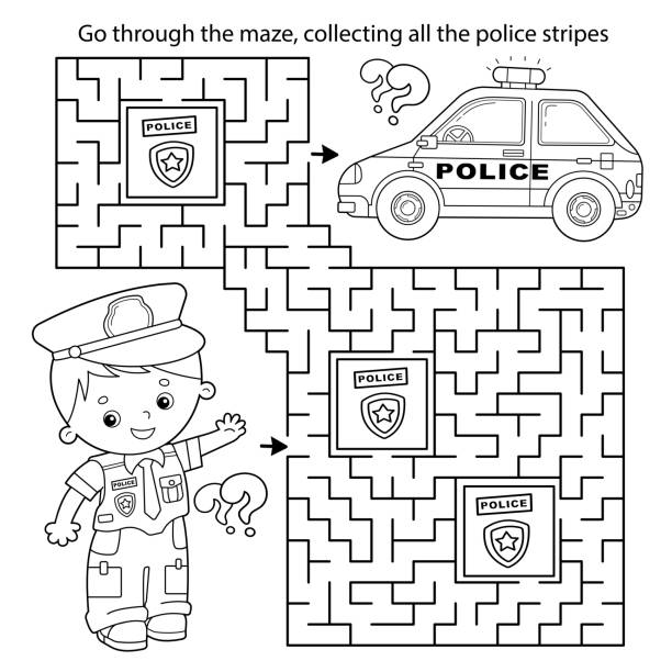 Police officer coloring page for kids stock illustrations royalty