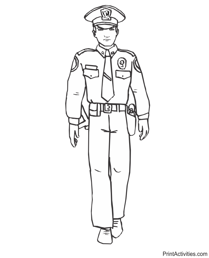 Police officer coloring page in full uniform