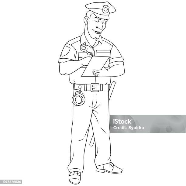 Coloring page with policeman police officer stock illustration