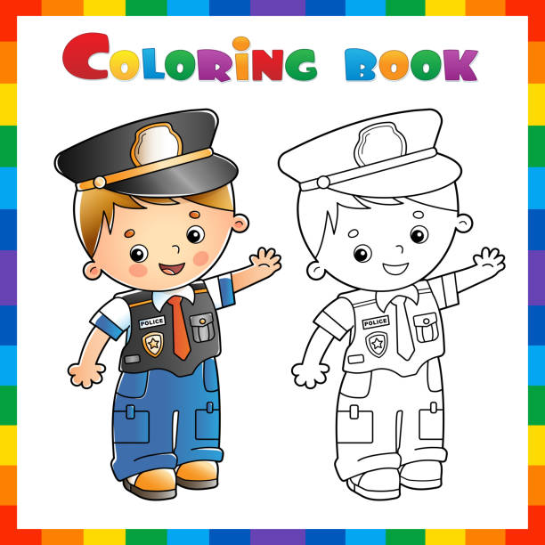 Police officer coloring page for kids stock illustrations royalty