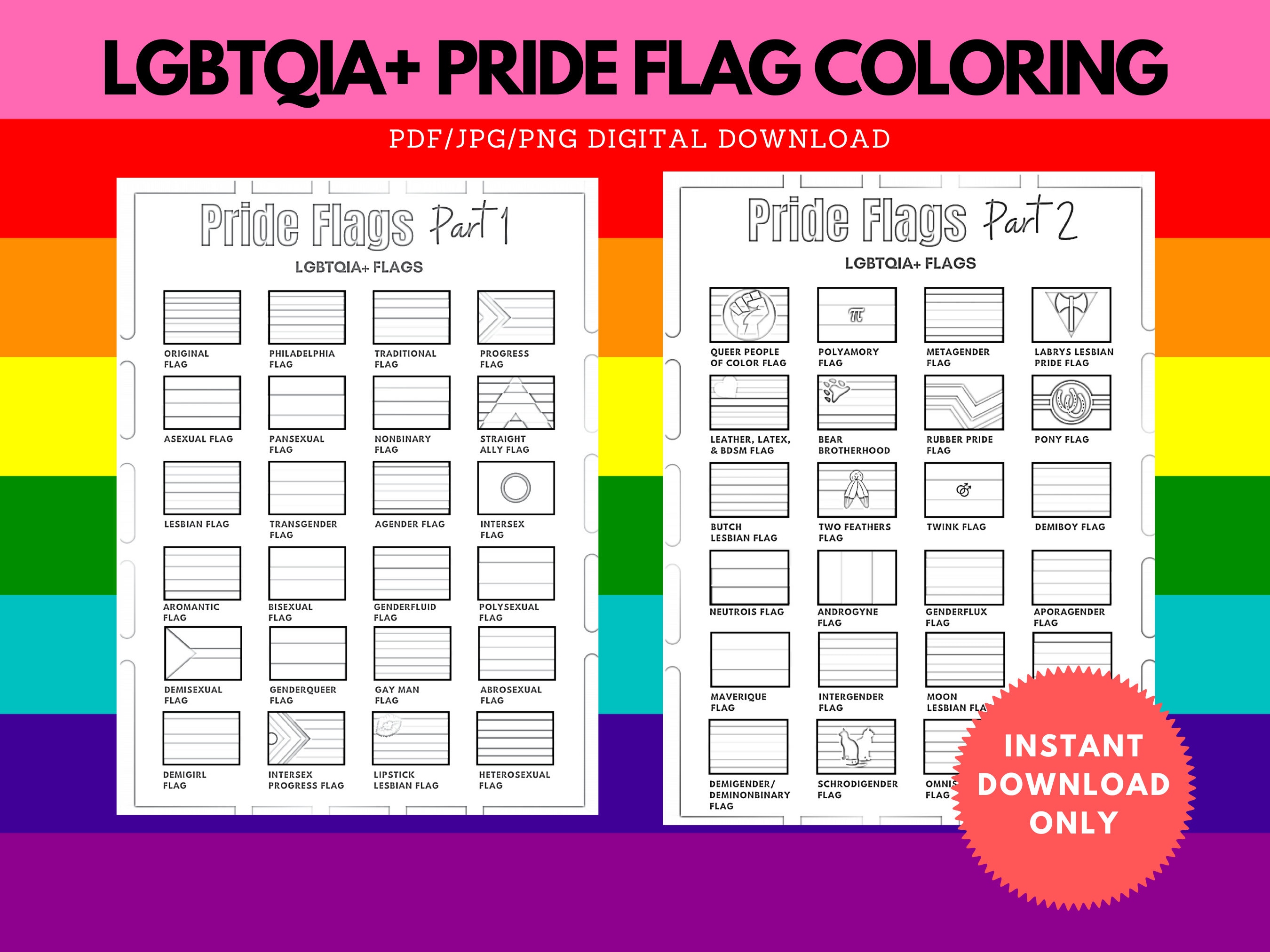 Lgbtqia pride flags coloring pages education printable lgbtq flag lgbt gift instant download files download now