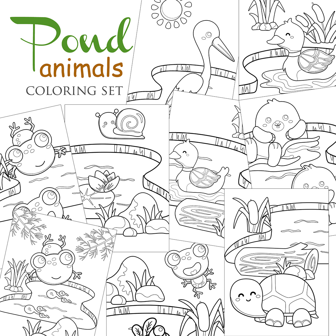 Pond animals frog duck turtle beaver raven nature coloring pages for kids and adult