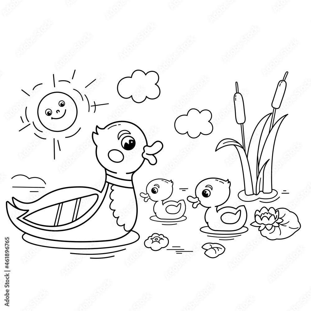 Coloring page outline of cartoon duck with ducklings on the pond farm animals coloring book for kids vector