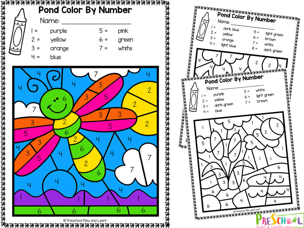 Free printable pond animals color by number worksheets