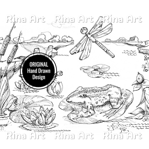 Pond coloring page printable adult colouring pages book download grayscale illustration jpg pdf