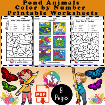 Printable pond animals color by number worksheets by work for children