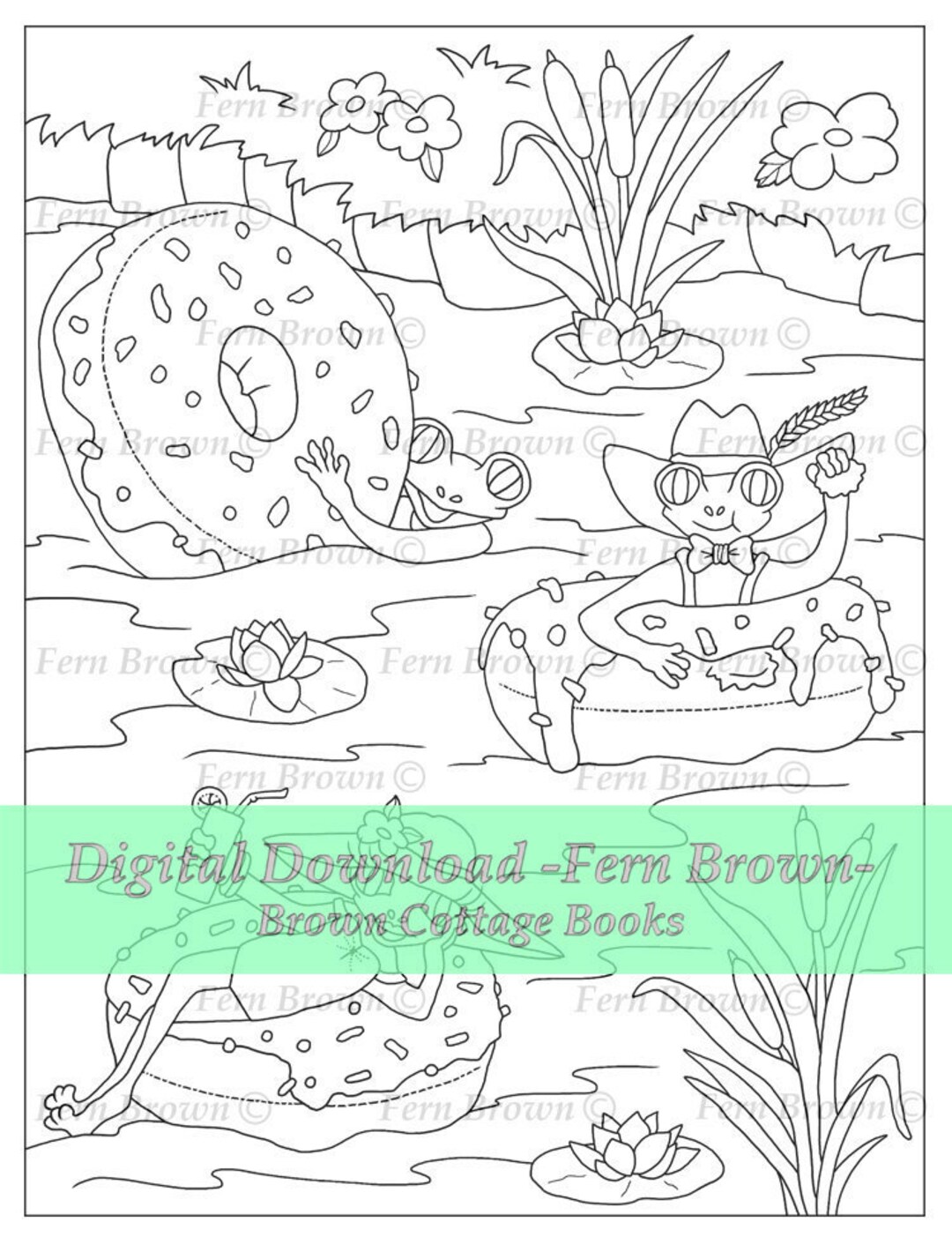 Coloring page food animals line art dessert pasty printable download frog donut river by fern brown hand