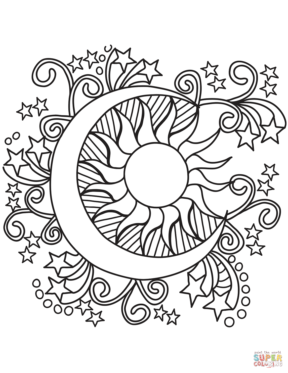 Pop art sun moon and stars coloring page free printable coloring pages