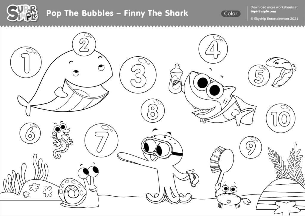 Pop the bubbles finny the shark coloring page