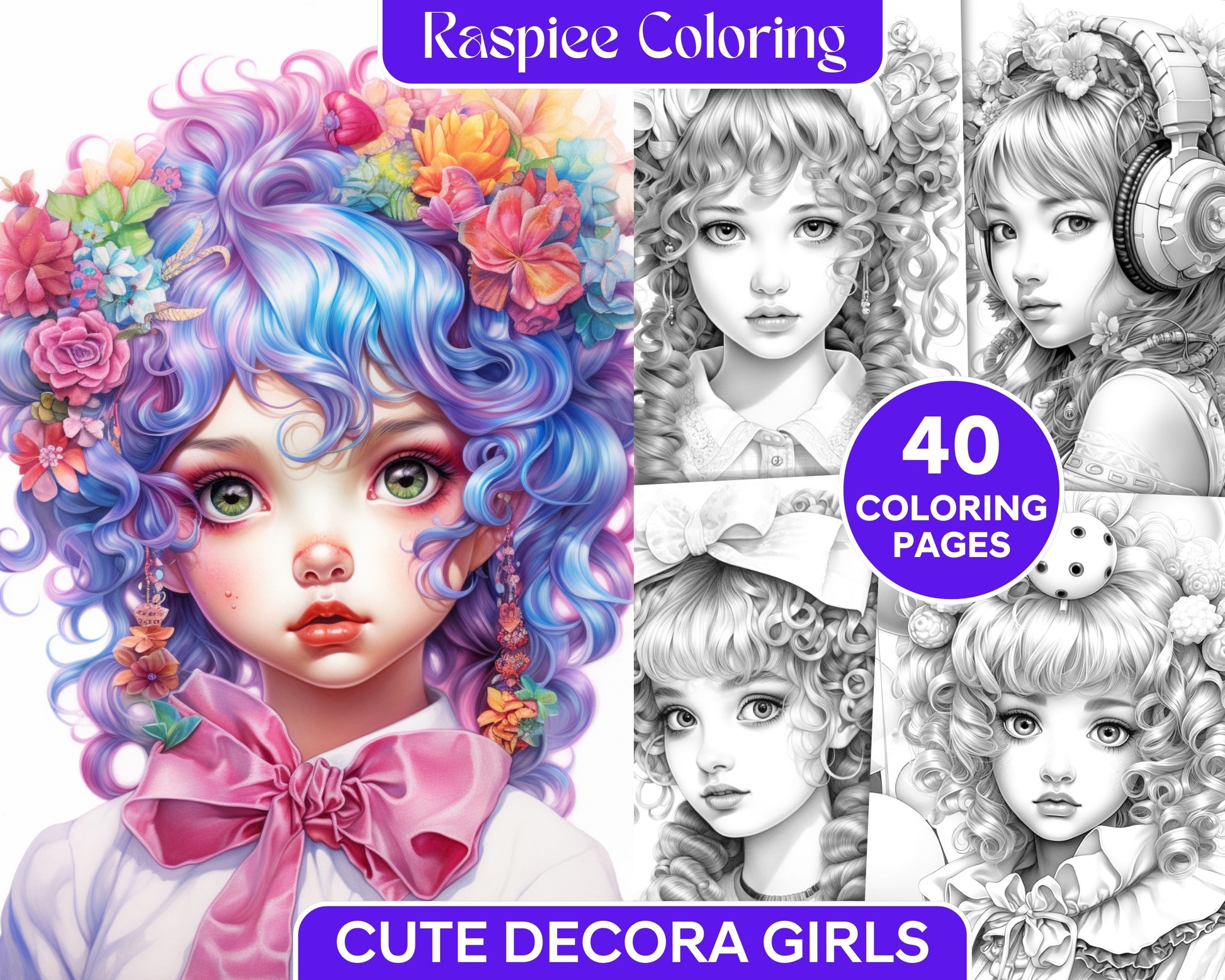 Cute decora girls grayscale coloring pages printable for adults kid â coloring