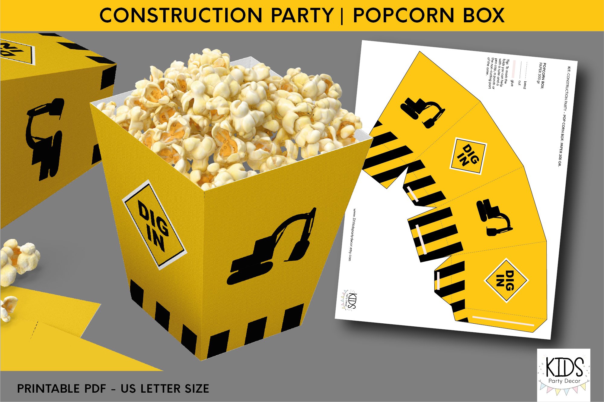 Construction party printable popcorn box birthday