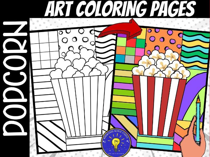 Popcorn coloring pages pop art inspired coloring sheets teaching resources