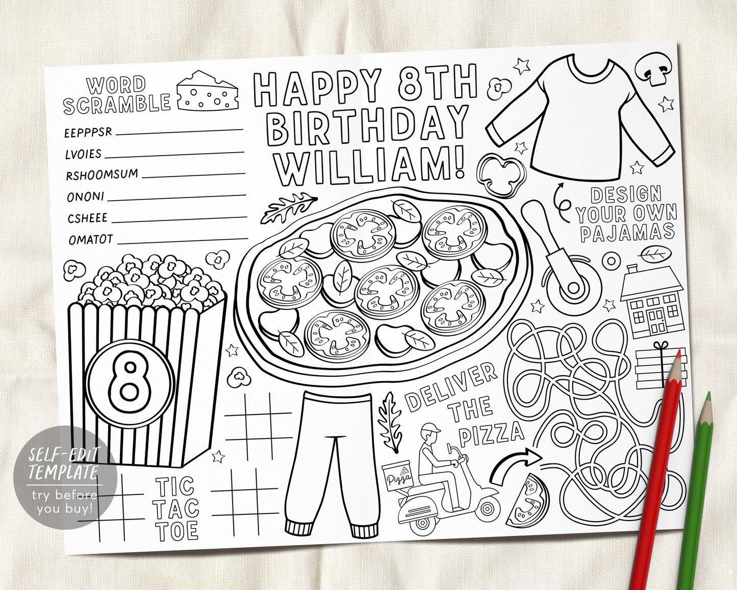 Pizza popcorn and pajamas party placemat editable template pizza slee â puff paper co