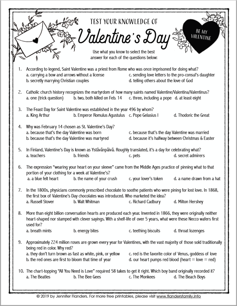 Valentines day quiz free printable