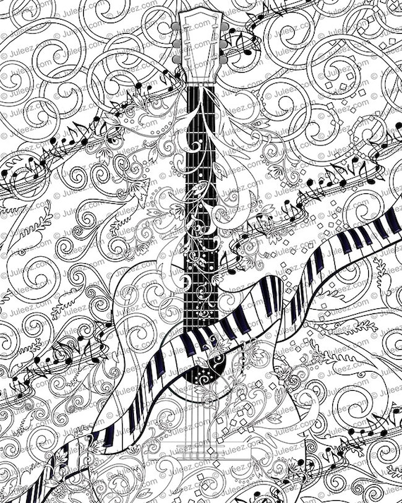 Coloring poster printable guitar coloring poster instant download coloring poster guitar coloring art guitar art music poster coloring