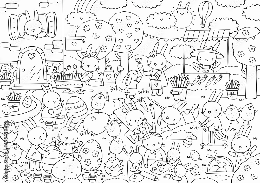 Happy easter cute cartoon coloring page big vector coloring poster with bunny eggs birds printable worksheets vector