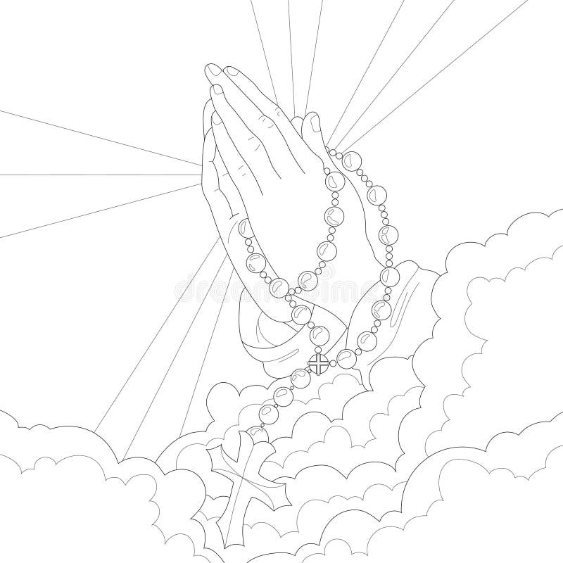 Heavens praying hands in clouds with cross graphic sketch template stock vector