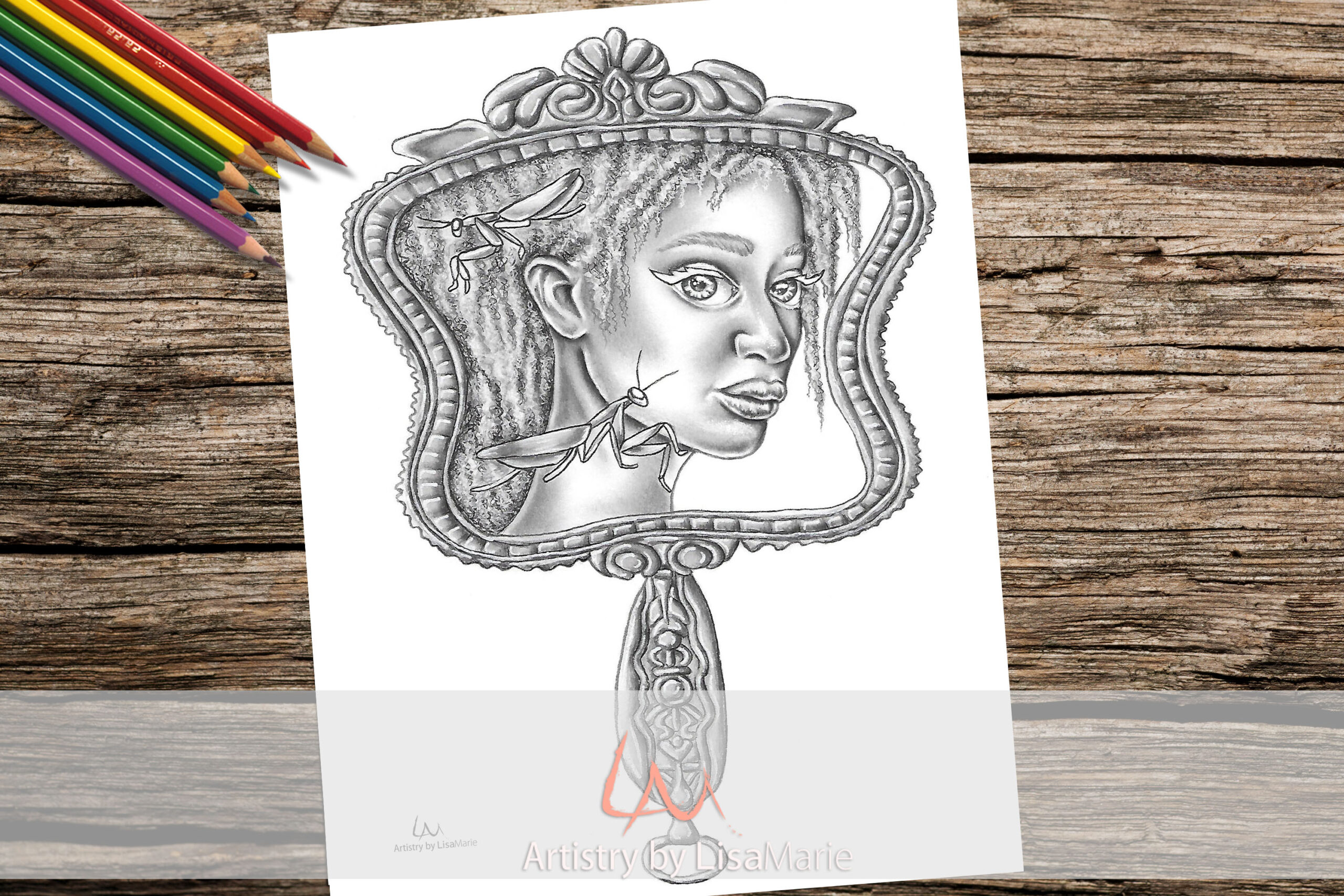 Woman with praying mantis printable coloring page â artistry by lisa marie