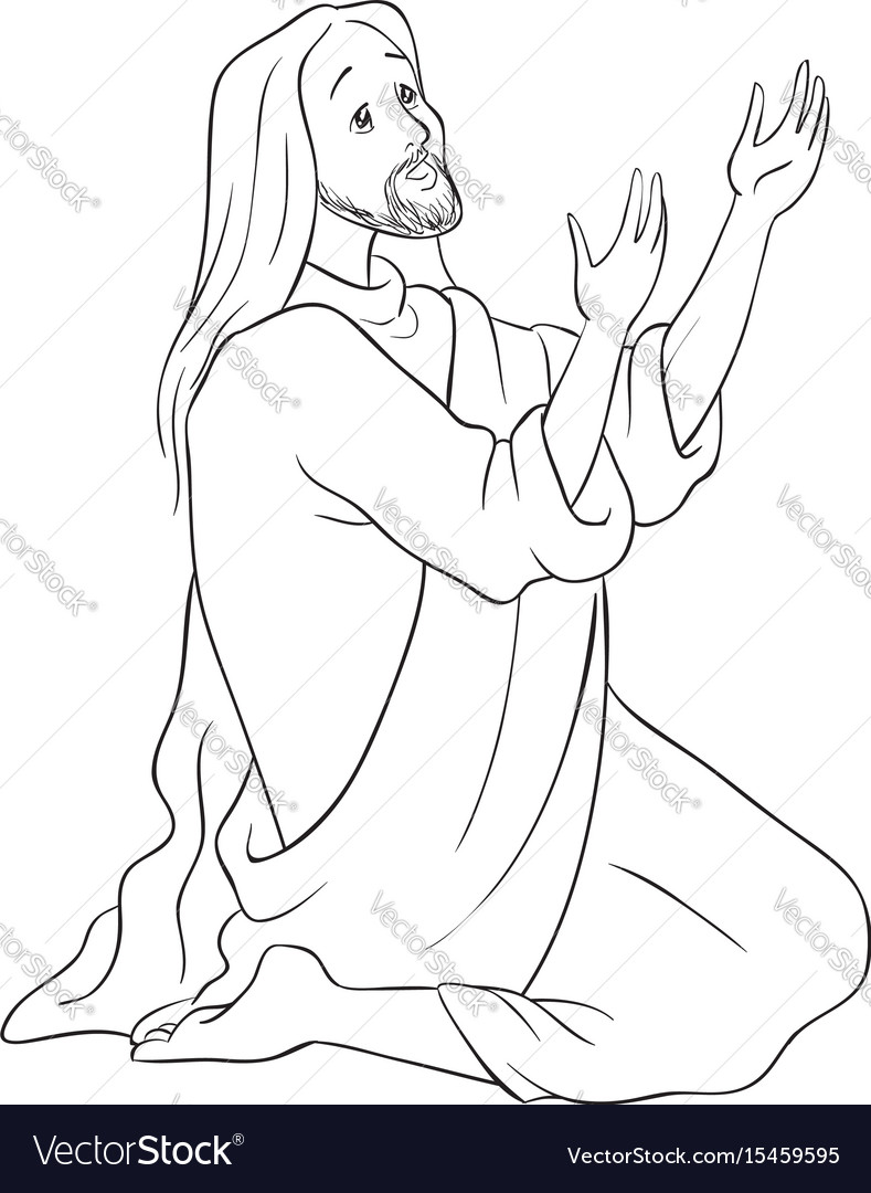 Jesus kneeling in prayer coloring page royalty free vector